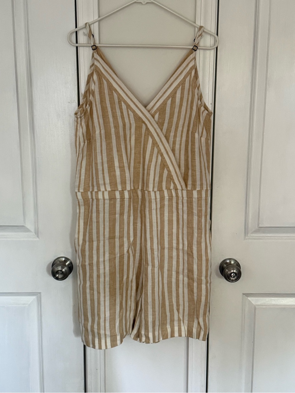 Striped Surplice Linen-Blend Jumpsuit/Romper in Beige and White